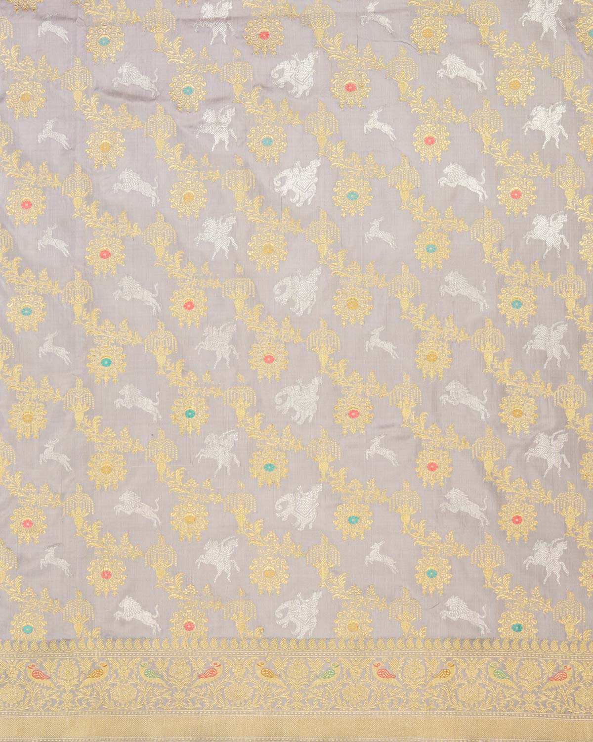 Gray Banarasi Rajaji Shikargah Kadhuan Brocade Handwoven Katan Silk Saree - By HolyWeaves, Benares