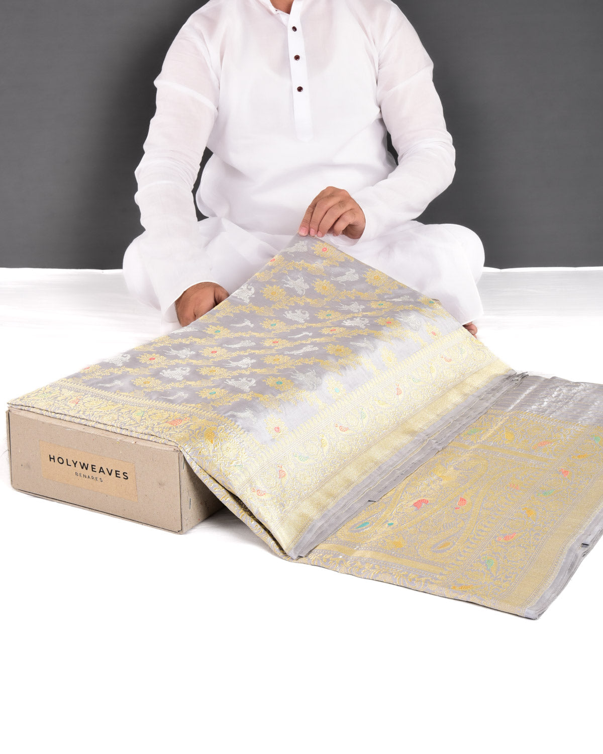 Gray Banarasi Rajaji Shikargah Kadhuan Brocade Handwoven Katan Silk Saree - By HolyWeaves, Benares