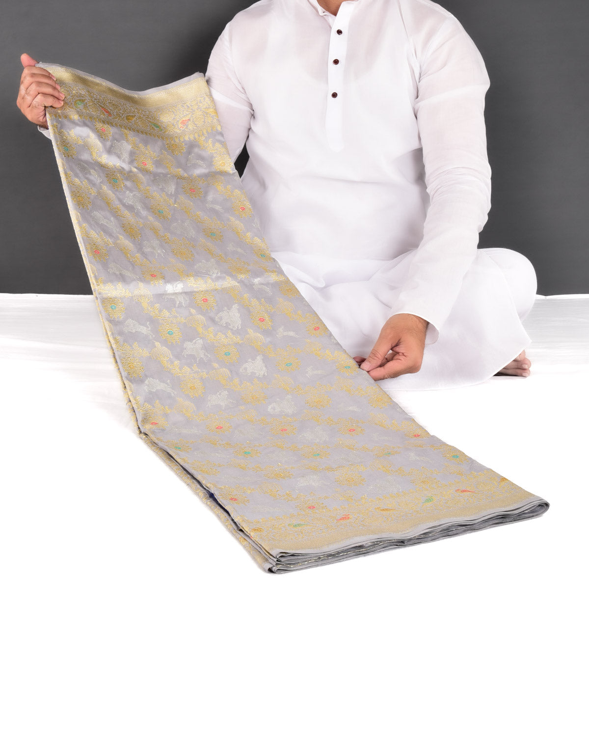 Gray Banarasi Rajaji Shikargah Kadhuan Brocade Handwoven Katan Silk Saree - By HolyWeaves, Benares