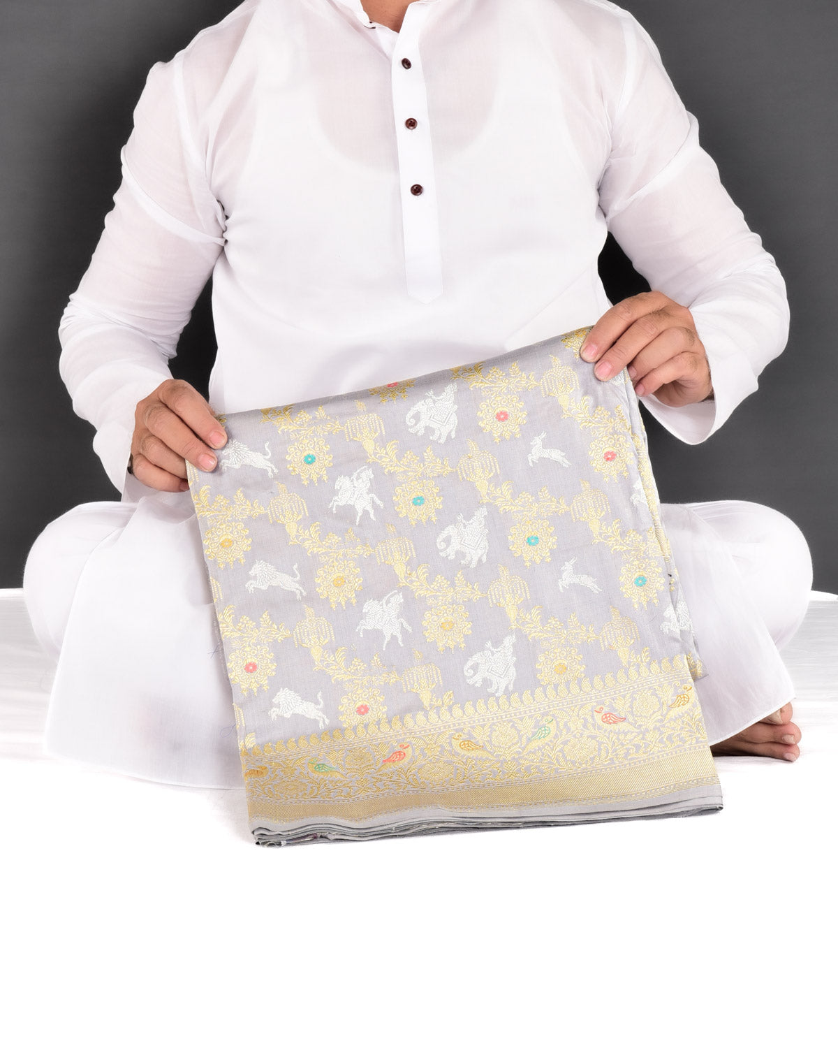 Gray Banarasi Rajaji Shikargah Kadhuan Brocade Handwoven Katan Silk Saree - By HolyWeaves, Benares