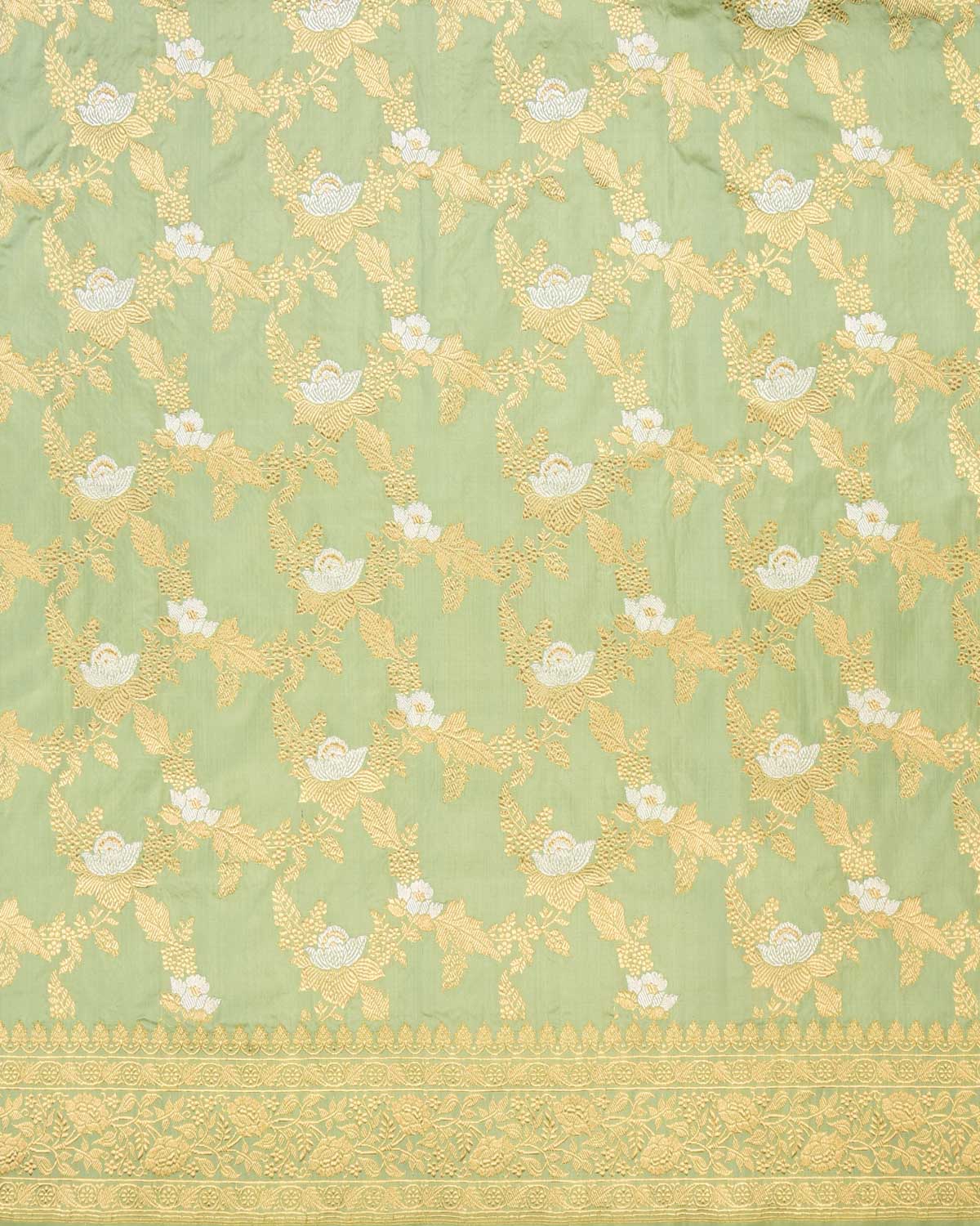 Laurel Green Banarasi Gold & Silver Zari Alfi Floral Jaal Kadhuan Brocade Handwoven Katan Silk Saree - By HolyWeaves, Benares