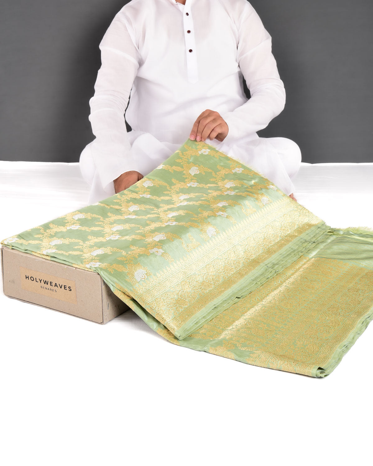 Laurel Green Banarasi Gold & Silver Zari Alfi Floral Jaal Kadhuan Brocade Handwoven Katan Silk Saree - By HolyWeaves, Benares