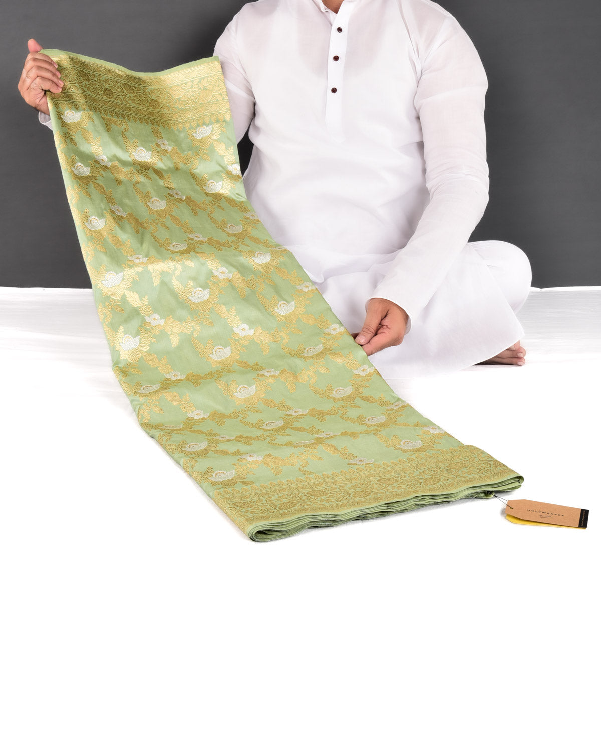 Laurel Green Banarasi Gold & Silver Zari Alfi Floral Jaal Kadhuan Brocade Handwoven Katan Silk Saree - By HolyWeaves, Benares