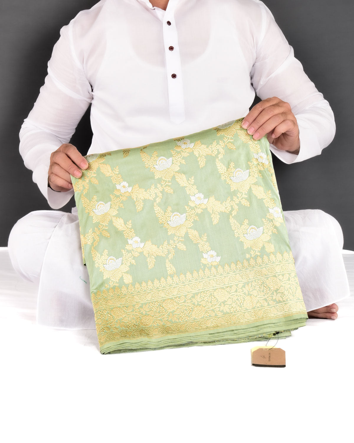 Laurel Green Banarasi Gold & Silver Zari Alfi Floral Jaal Kadhuan Brocade Handwoven Katan Silk Saree - By HolyWeaves, Benares