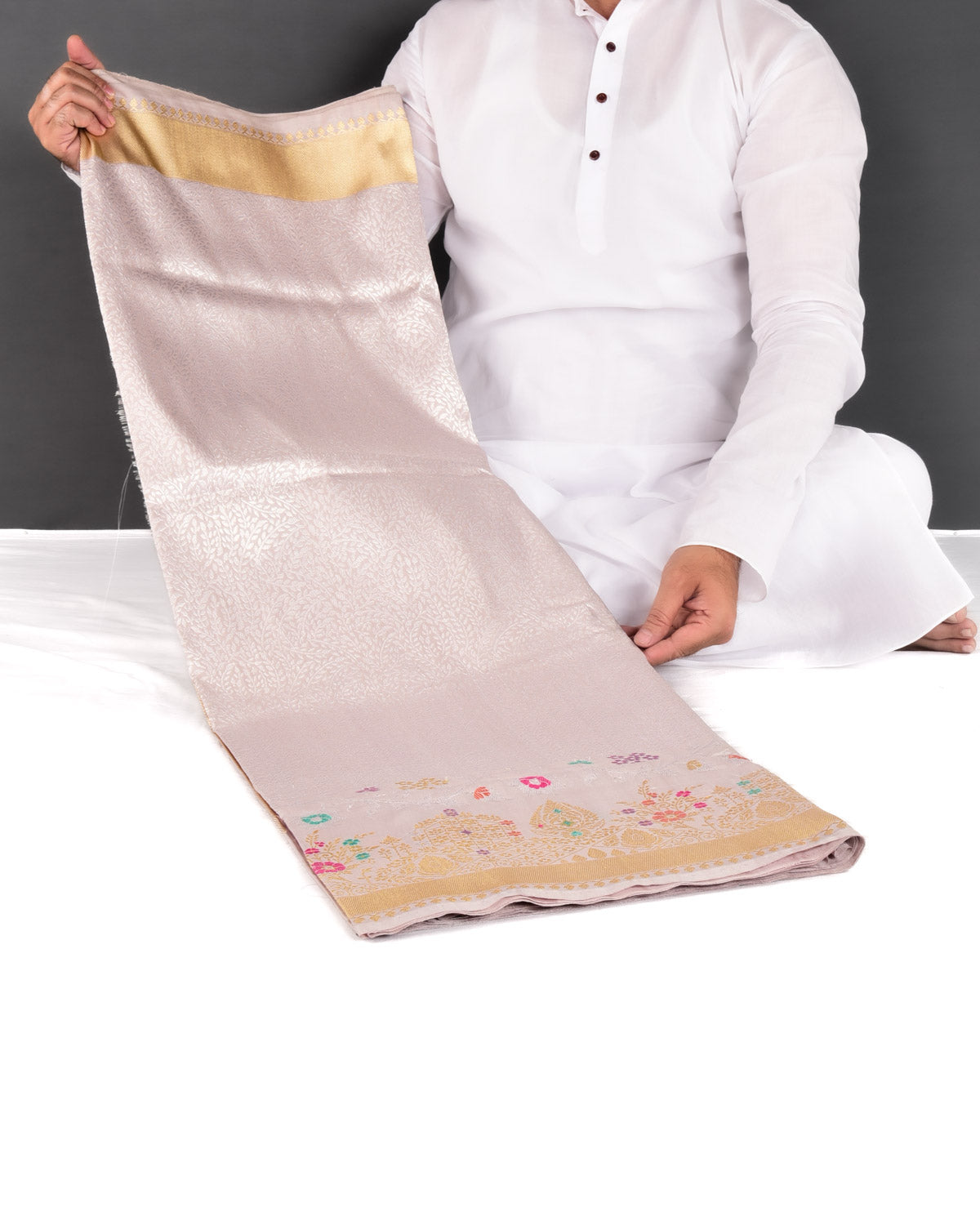 Beige Banarasi Gold & Silver Zari Ghana Jaal Cutwork Brocade Handwoven Katan Silk Saree - By HolyWeaves, Benares