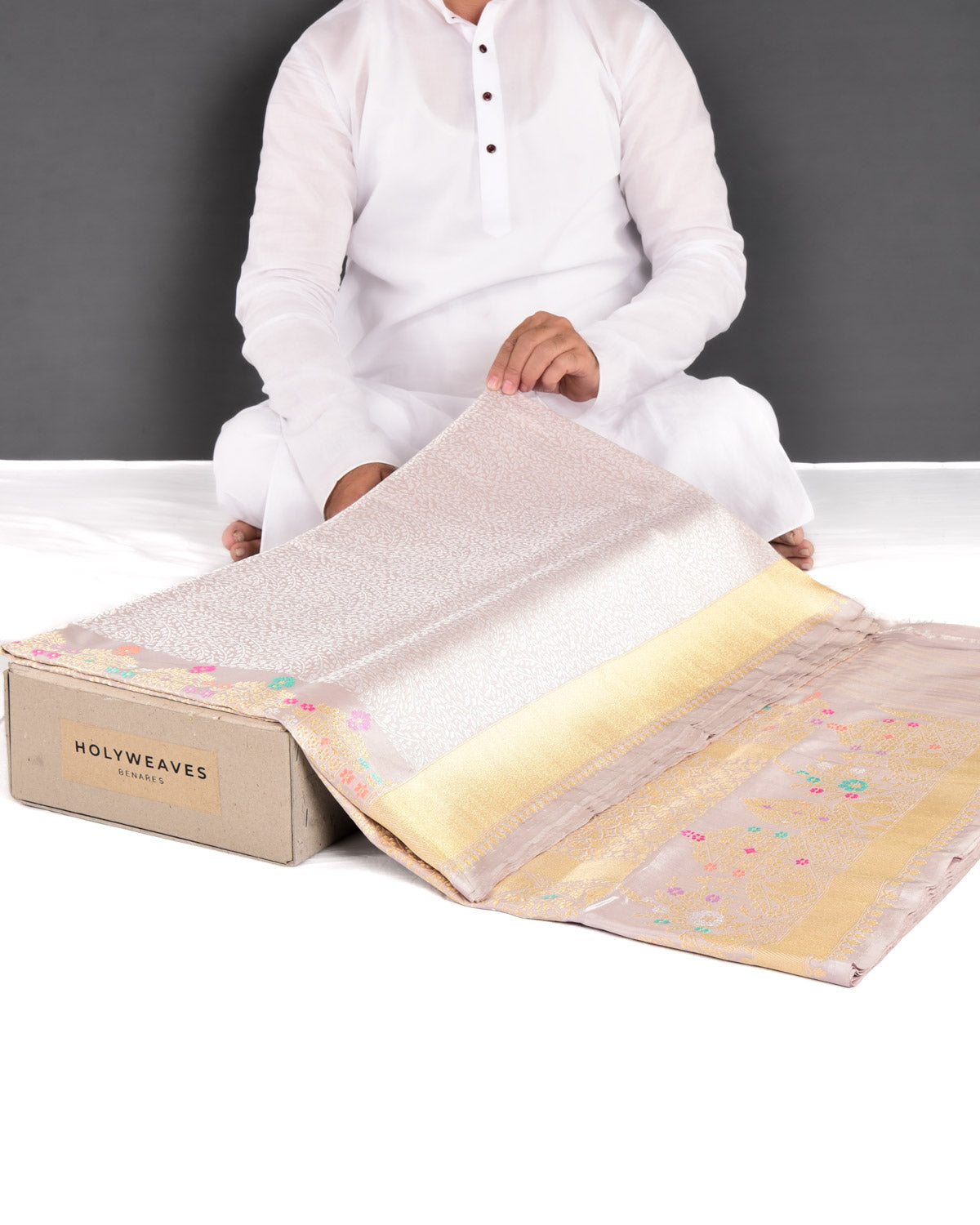 Beige Banarasi Gold & Silver Zari Ghana Jaal Cutwork Brocade Handwoven Katan Silk Saree - By HolyWeaves, Benares