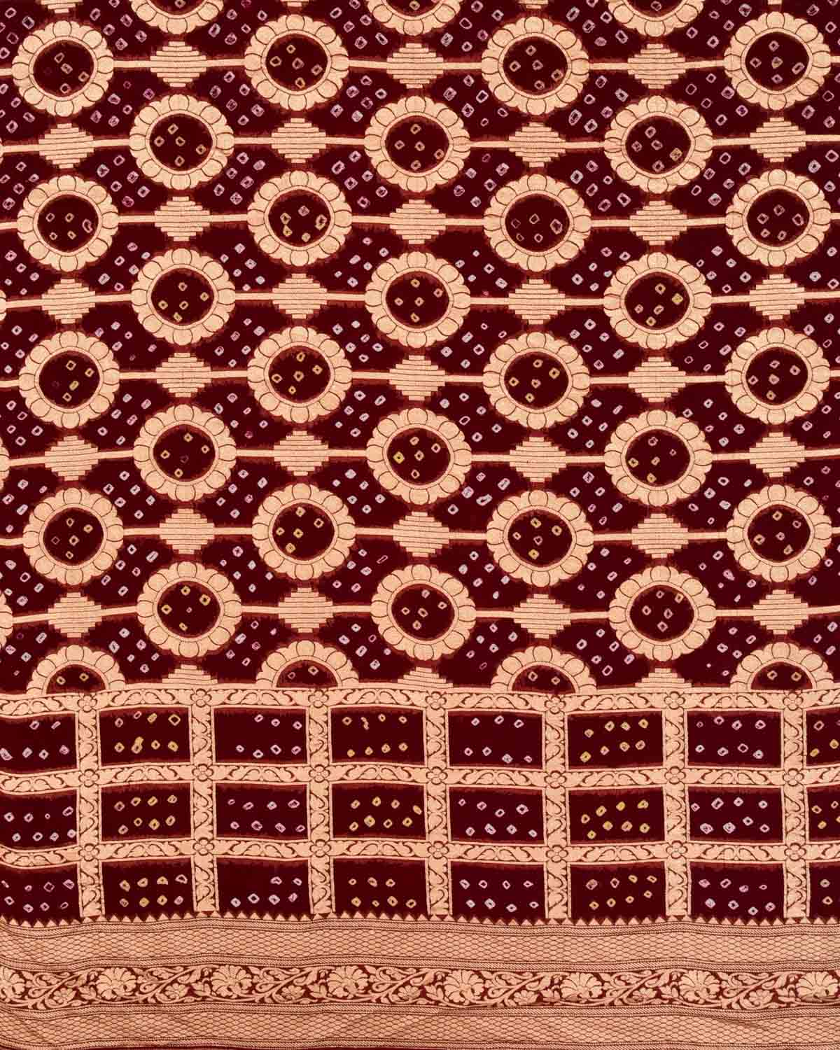 Maroon Banarasi Cutwork Brocade Handwoven Khaddi Georgette Saree with White & Yellow Bandhej - By HolyWeaves, Benares