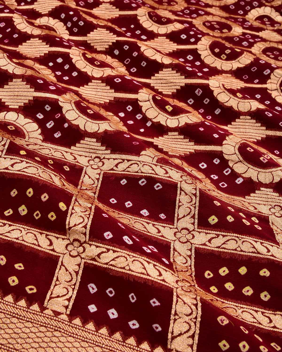 Maroon Banarasi Cutwork Brocade Handwoven Khaddi Georgette Saree with White & Yellow Bandhej - By HolyWeaves, Benares