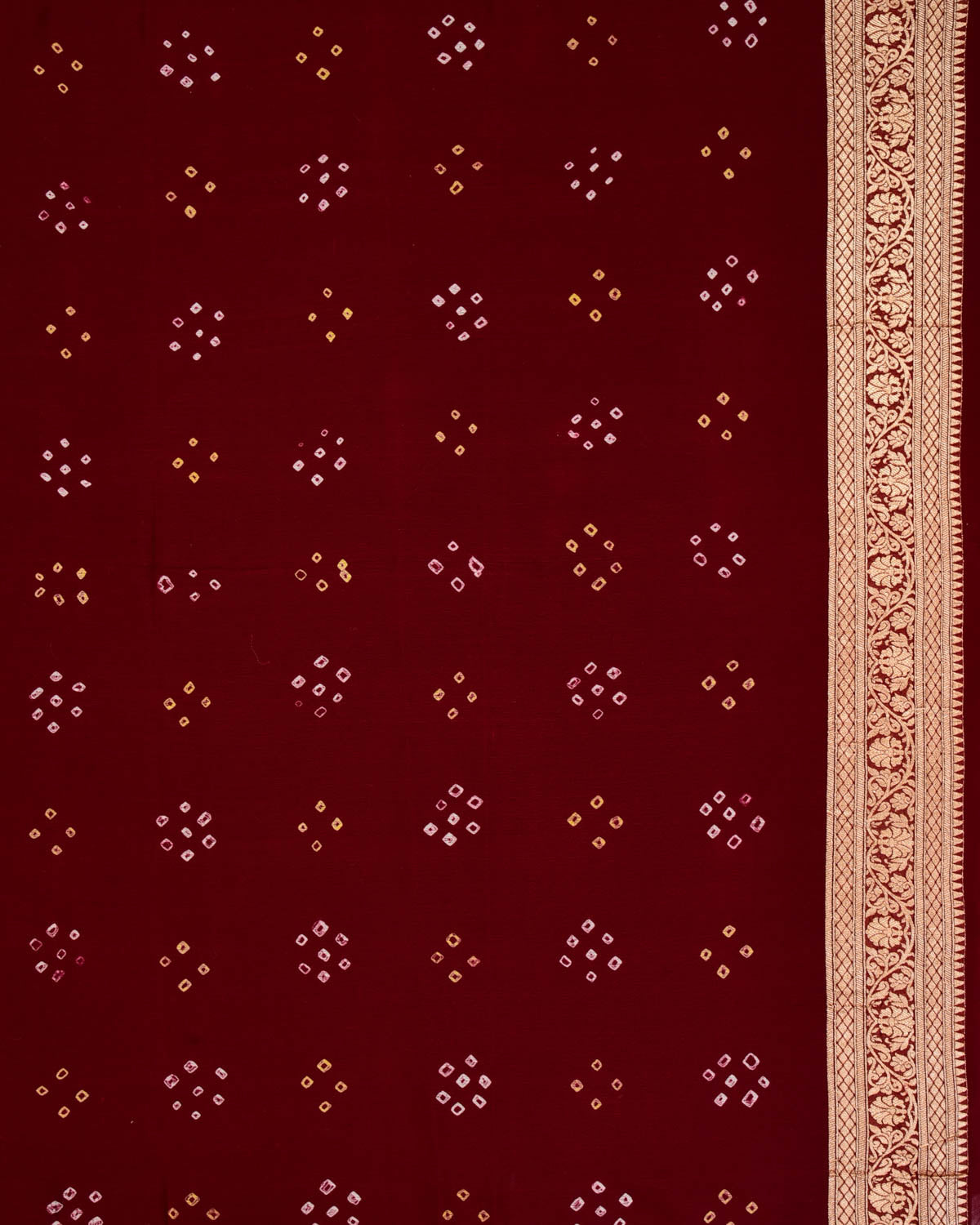 Maroon Banarasi Cutwork Brocade Handwoven Khaddi Georgette Saree with White & Yellow Bandhej - By HolyWeaves, Benares