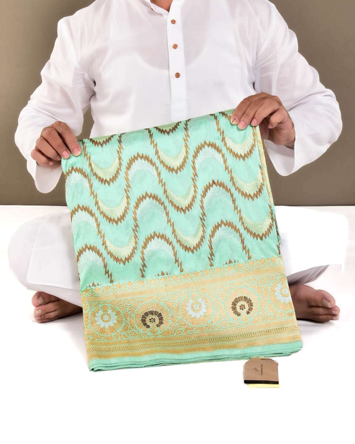 Aqua Marine Banarasi Gold Antique & Silver Zari Geometric Cutwork Brocade Handwoven Katan Silk Saree - By HolyWeaves, Benares