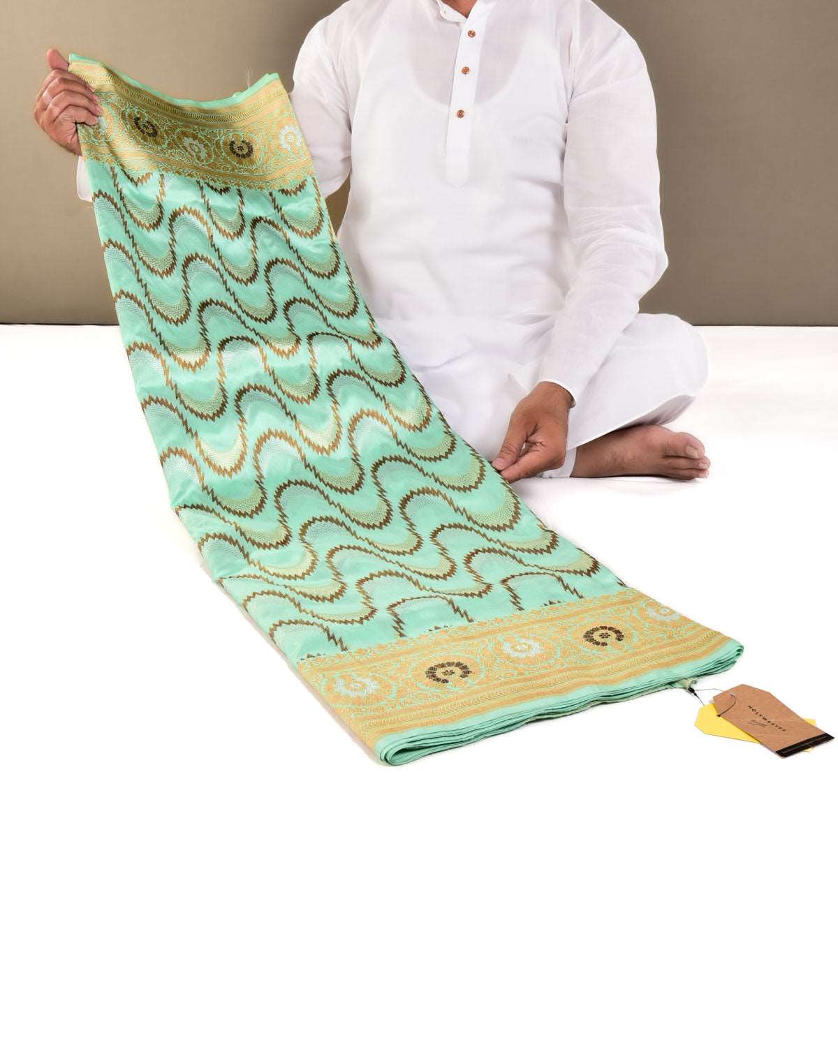 Aqua Marine Banarasi Gold Antique & Silver Zari Geometric Cutwork Brocade Handwoven Katan Silk Saree - By HolyWeaves, Benares