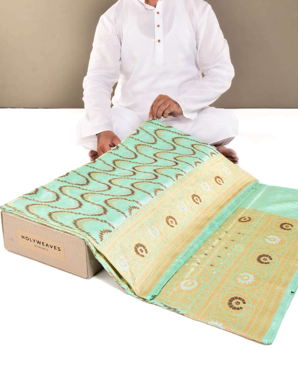 Aqua Marine Banarasi Gold Antique & Silver Zari Geometric Cutwork Brocade Handwoven Katan Silk Saree - By HolyWeaves, Benares