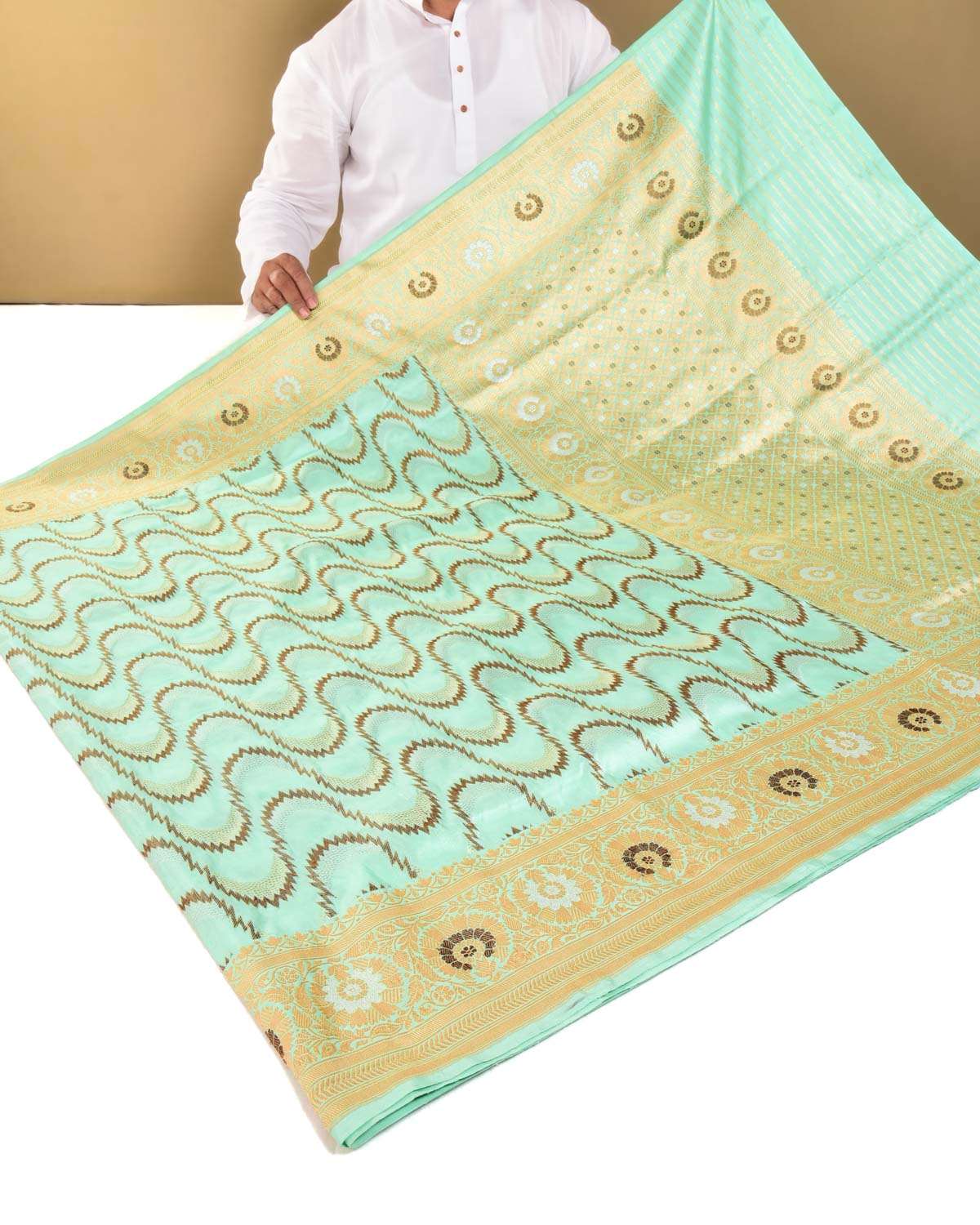 Aqua Marine Banarasi Gold Antique & Silver Zari Geometric Cutwork Brocade Handwoven Katan Silk Saree - By HolyWeaves, Benares