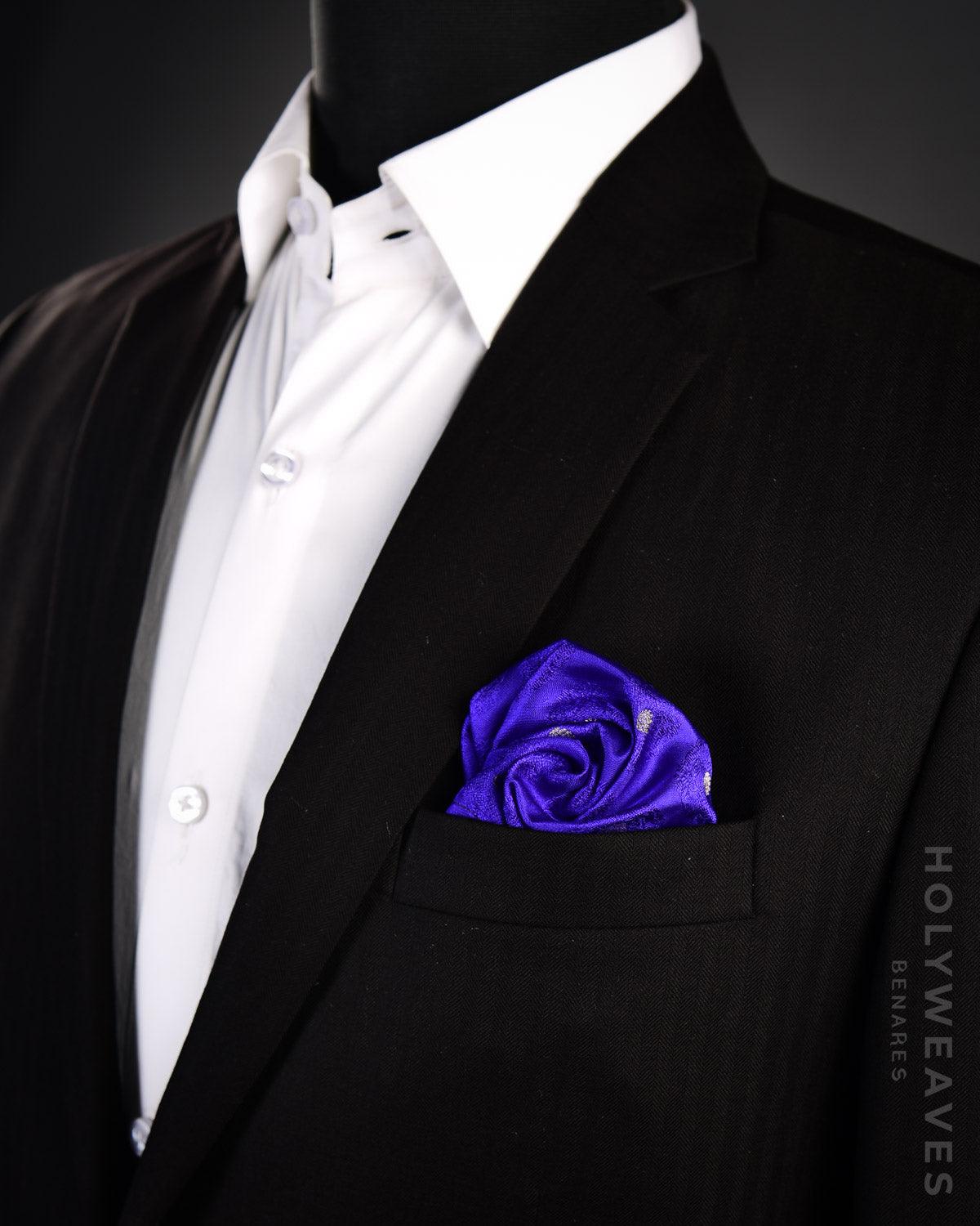 Blue Banarasi Tanchoi Handwoven Silk Pocket Square with Gold Zari Accents - By HolyWeaves, Benares