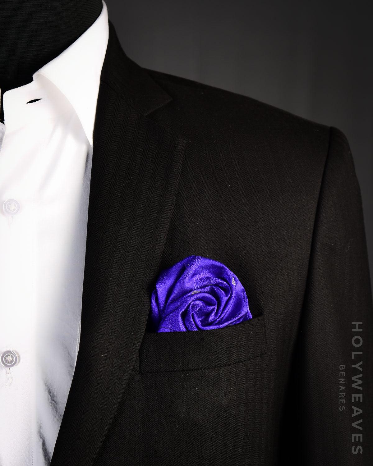 Blue Banarasi Tanchoi Handwoven Silk Pocket Square with Gold Zari Accents - By HolyWeaves, Benares