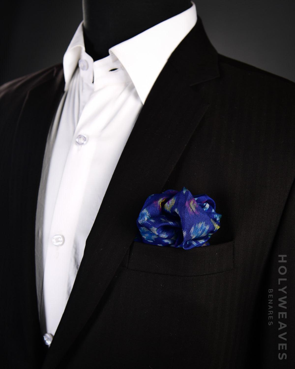 Blue Banarasi Multi Color Buti Ikat Handwoven Cotton Pocket Square - By HolyWeaves, Benares