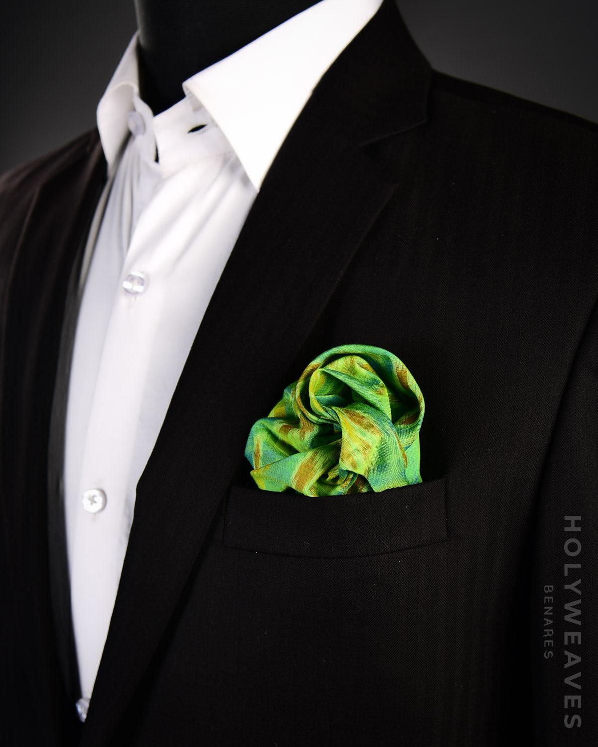 Green Banarasi Ikat Handwoven Cotton Pocket Square - By HolyWeaves, Benares