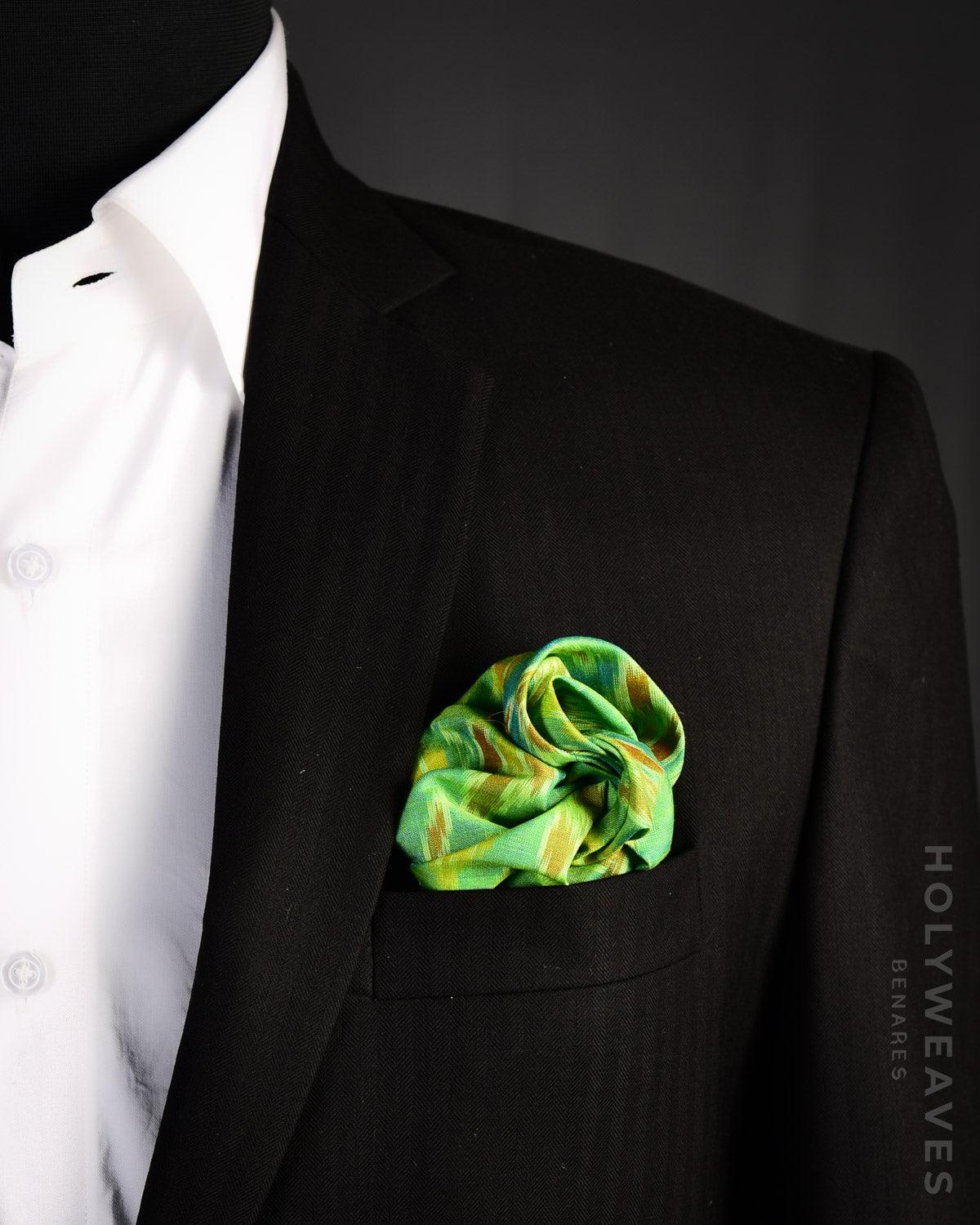 Green Banarasi Ikat Handwoven Cotton Pocket Square - By HolyWeaves, Benares