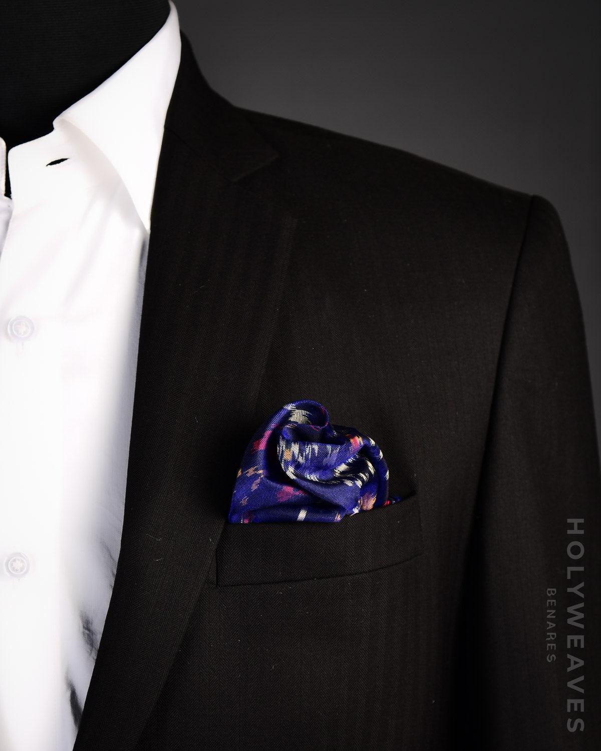 Navy Blue Banarasi Ikat Handwoven Silk Pocket Square - By HolyWeaves, Benares