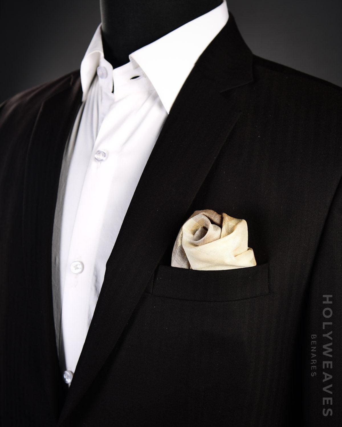 Cream Beige Banarasi Gold Zari Geometrical Kadhuan Brocade Handwoven Cotton Pocket Square - By HolyWeaves, Benares