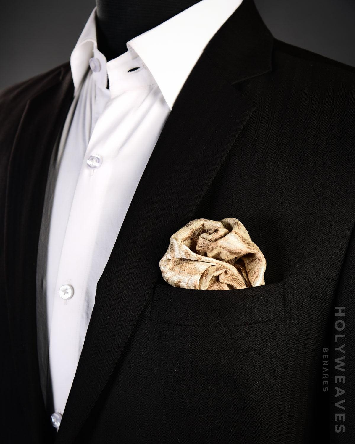 Beige Banarasi Resham & Gold Zari Floral Jaal Brocade Handwoven Muga Silk Pocket Square - By HolyWeaves, Benares