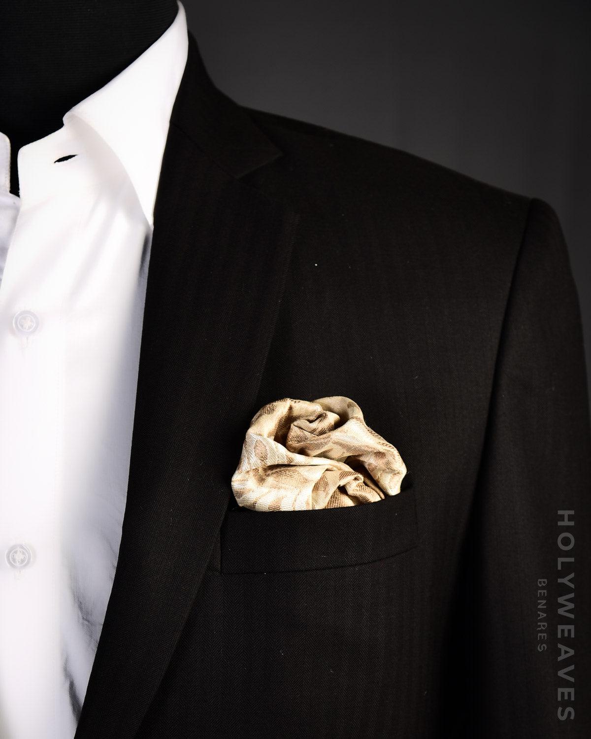 Beige Banarasi Resham & Gold Zari Floral Jaal Brocade Handwoven Muga Silk Pocket Square - By HolyWeaves, Benares