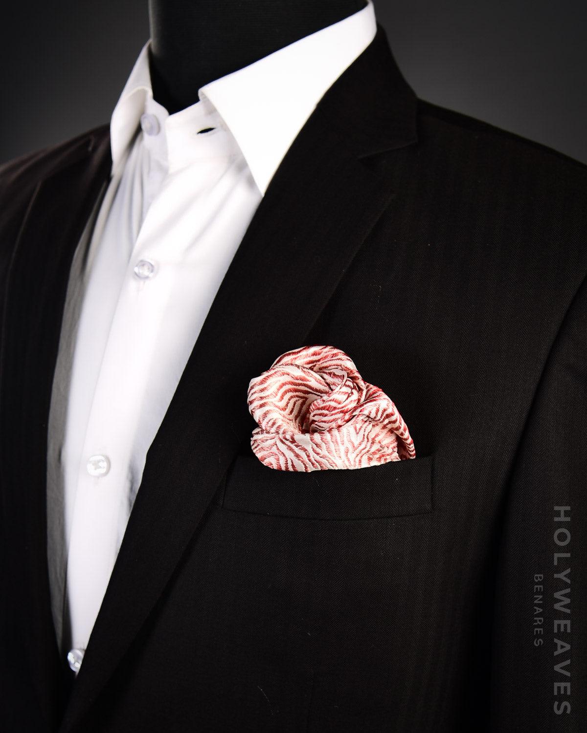 Cream Banarasi Red Zari Tiger Stripes Brocade Handwoven Silk Pocket Square - By HolyWeaves, Benares