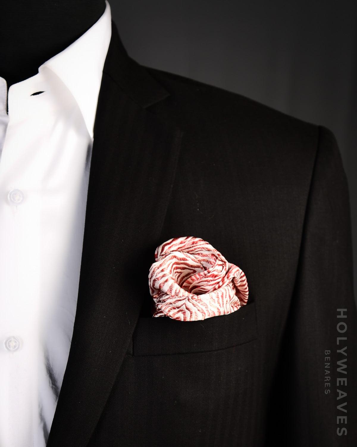 Cream Banarasi Red Zari Tiger Stripes Brocade Handwoven Silk Pocket Square - By HolyWeaves, Benares