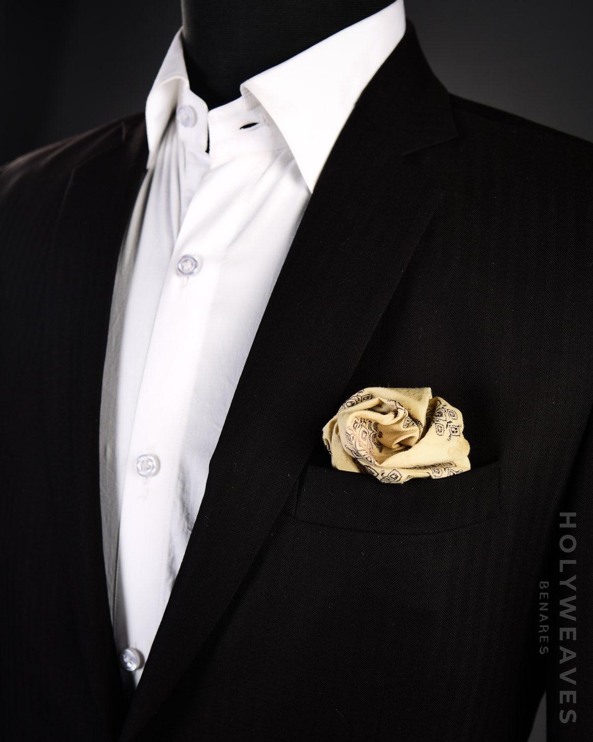 Beige Banarasi Buta Antique Zari Brocade Handwoven Cotton Silk Pocket Square - By HolyWeaves, Benares