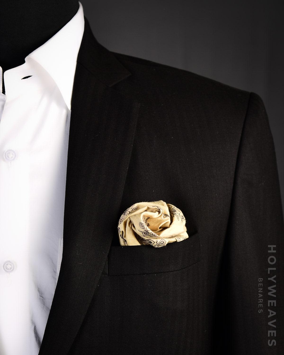 Beige Banarasi Buta Antique Zari Brocade Handwoven Cotton Silk Pocket Square - By HolyWeaves, Benares