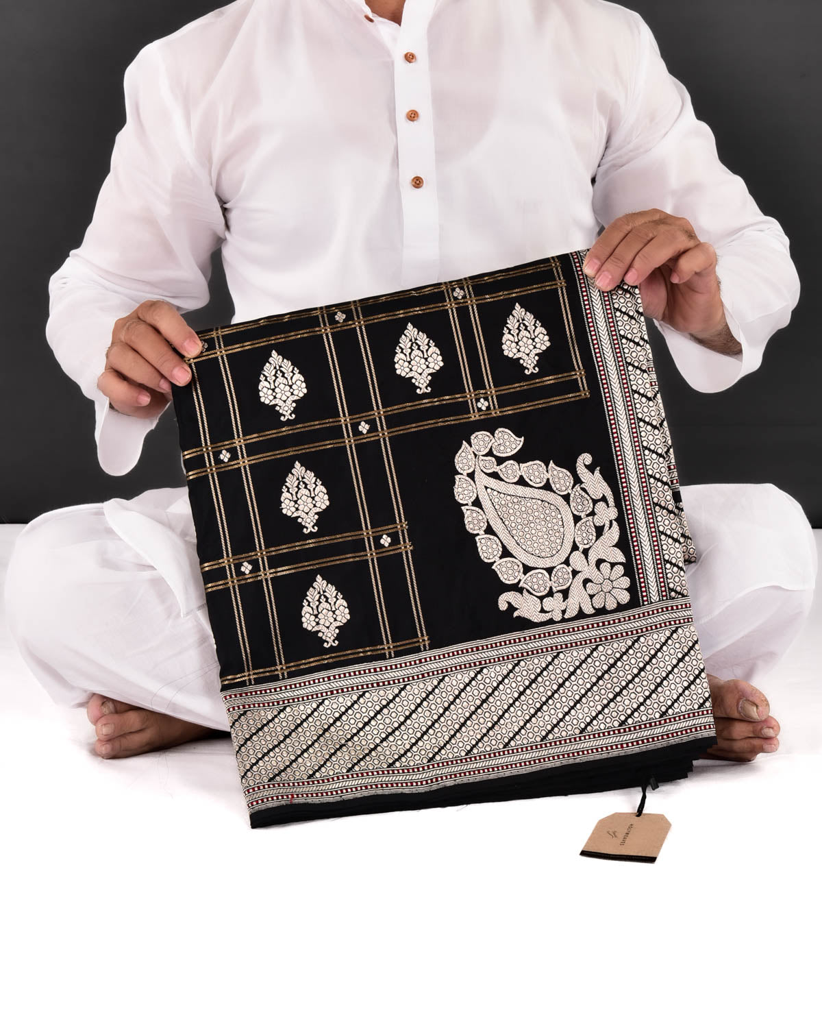 Black Banarasi Kadhuan Brocade Handwoven Katan Silk Saree with Koniya Kairi Buti - By HolyWeaves, Benares