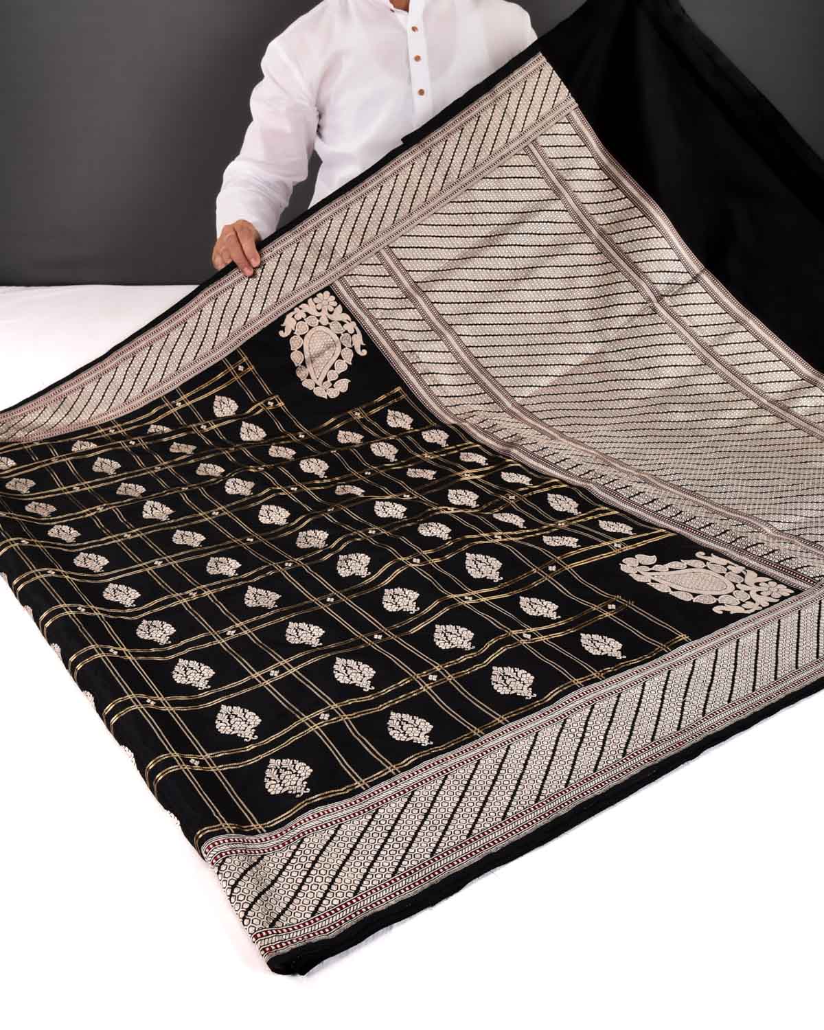 Black Banarasi Kadhuan Brocade Handwoven Katan Silk Saree with Koniya Kairi Buti - By HolyWeaves, Benares