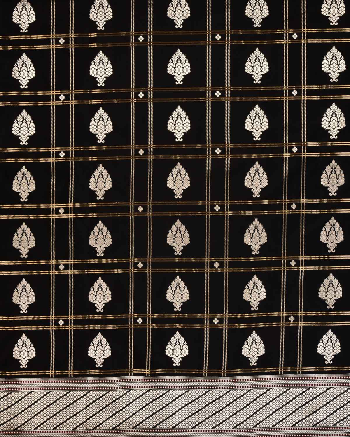 Black Banarasi Kadhuan Brocade Handwoven Katan Silk Saree with Koniya Kairi Buti - By HolyWeaves, Benares