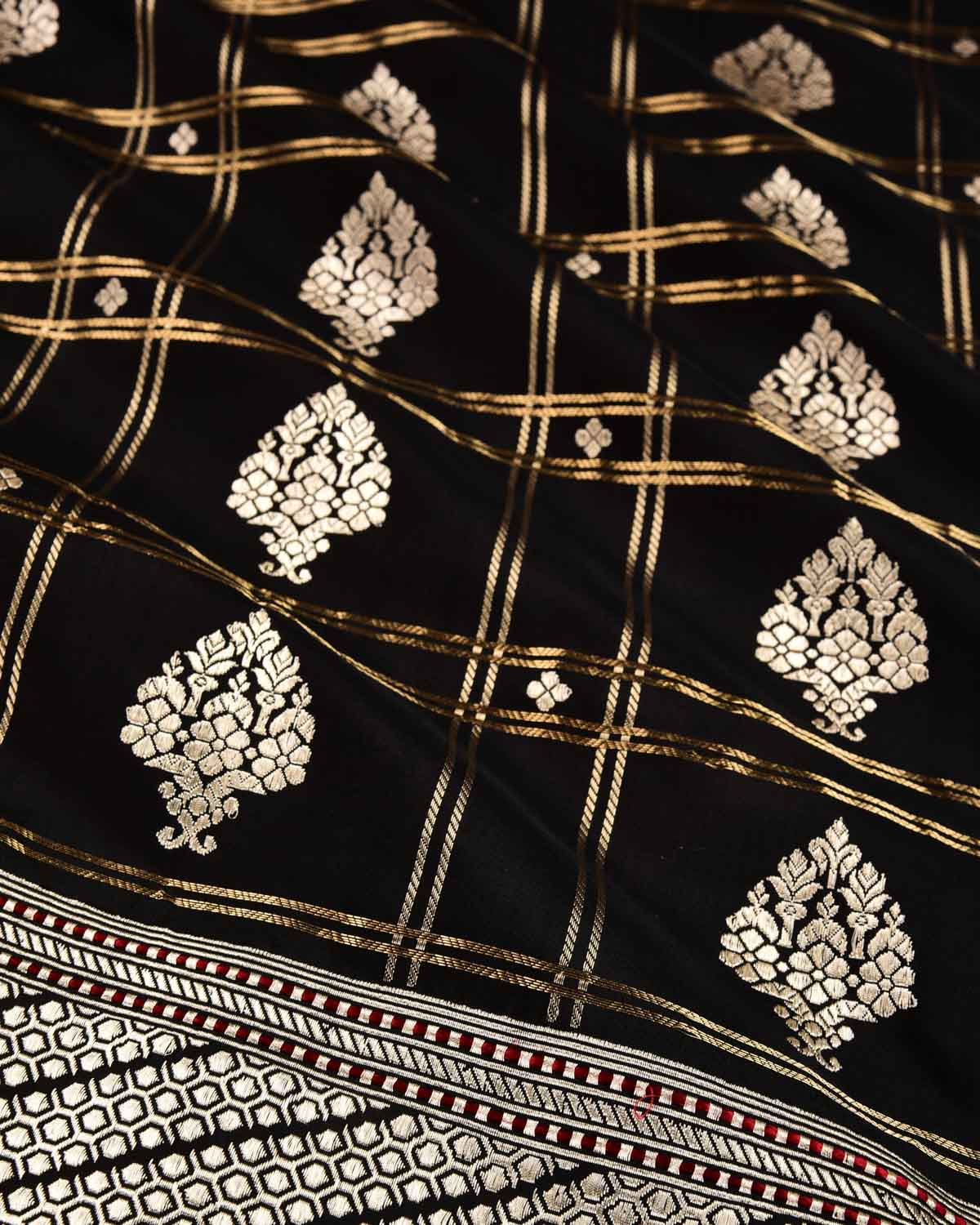 Black Banarasi Kadhuan Brocade Handwoven Katan Silk Saree with Koniya Kairi Buti - By HolyWeaves, Benares