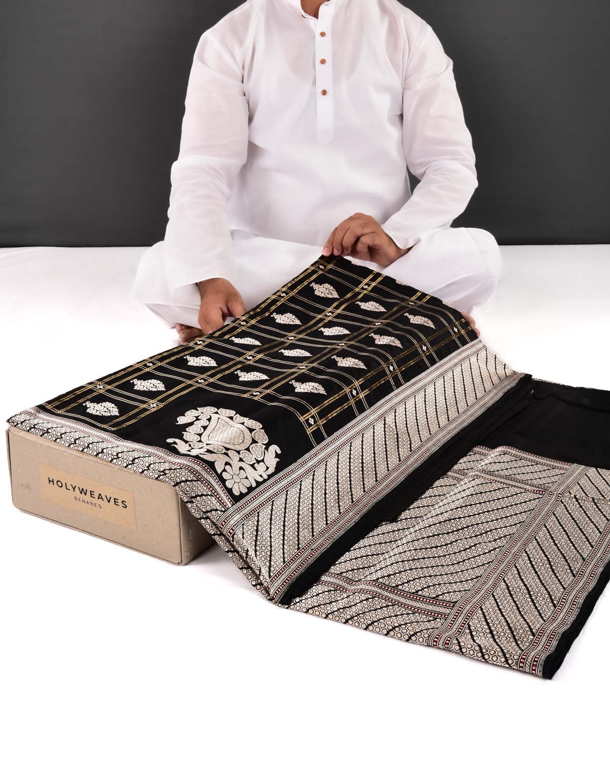 Black Banarasi Kadhuan Brocade Handwoven Katan Silk Saree with Koniya Kairi Buti - By HolyWeaves, Benares