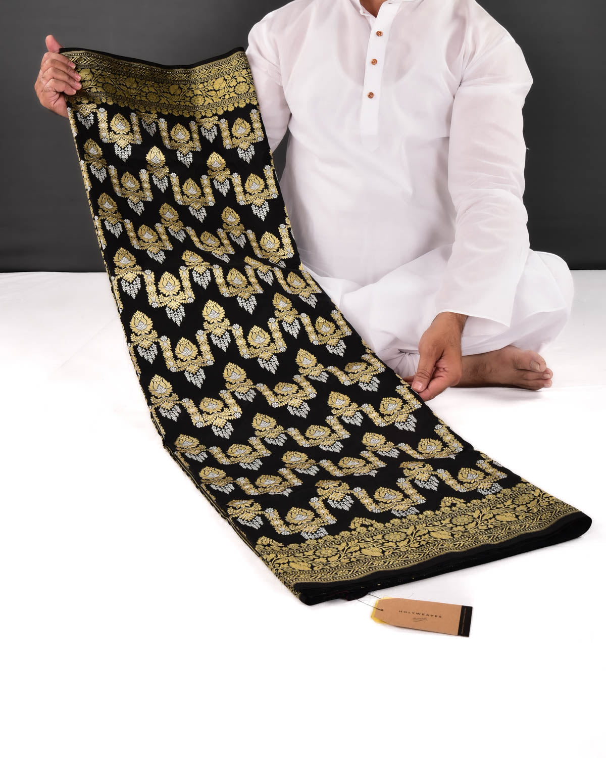 Black Banarasi Sona-Rupa Zari Jaal Kadhuan Brocade Handwoven Katan Silk Saree - By HolyWeaves, Benares