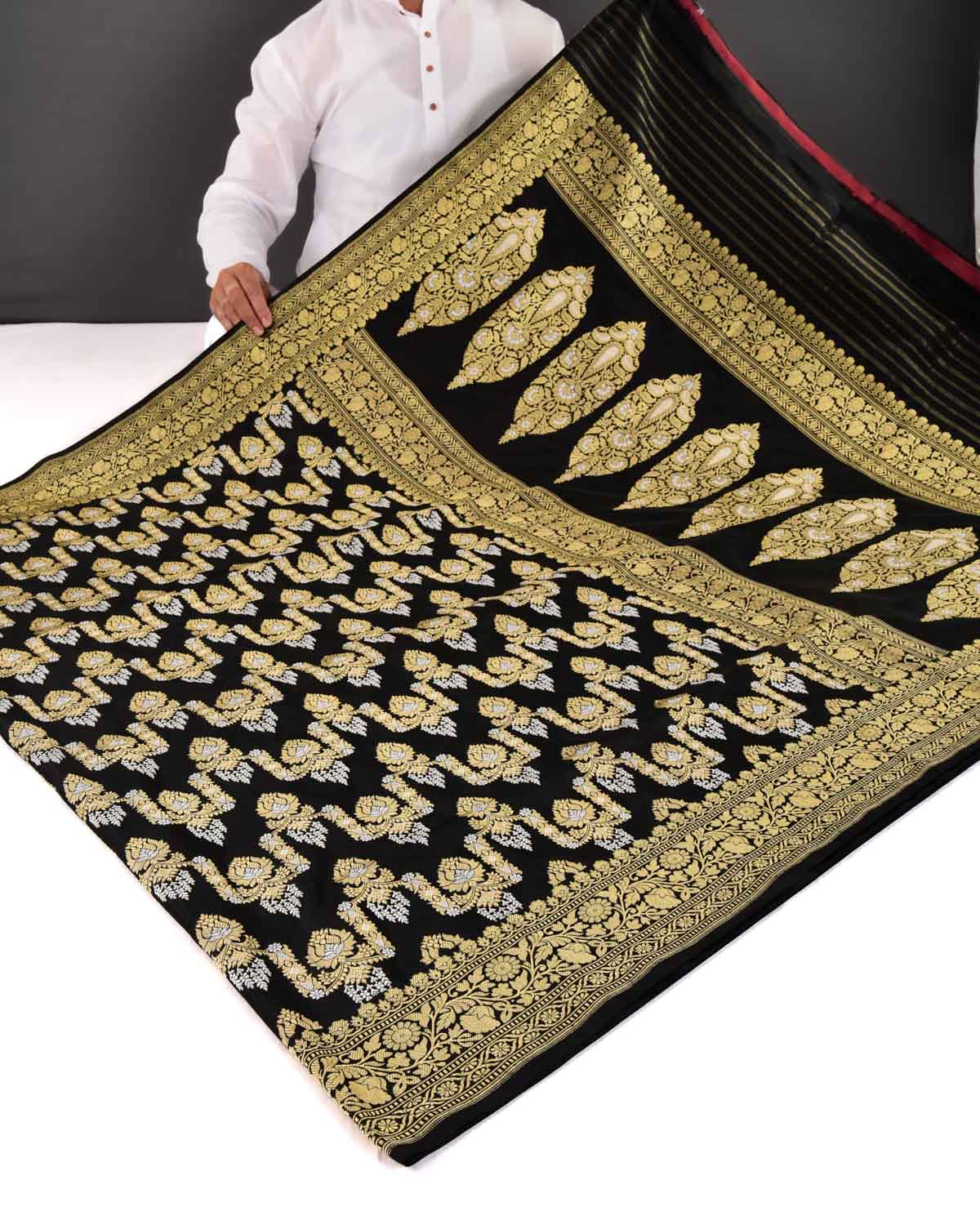 Black Banarasi Sona-Rupa Zari Jaal Kadhuan Brocade Handwoven Katan Silk Saree - By HolyWeaves, Benares