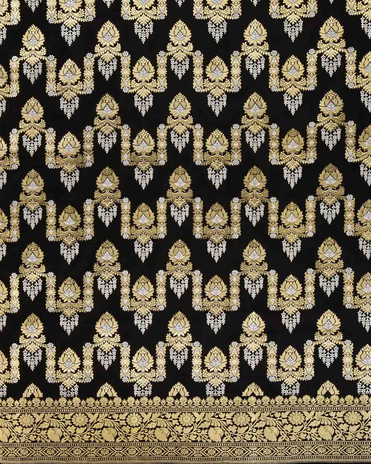 Black Banarasi Sona-Rupa Zari Jaal Kadhuan Brocade Handwoven Katan Silk Saree - By HolyWeaves, Benares