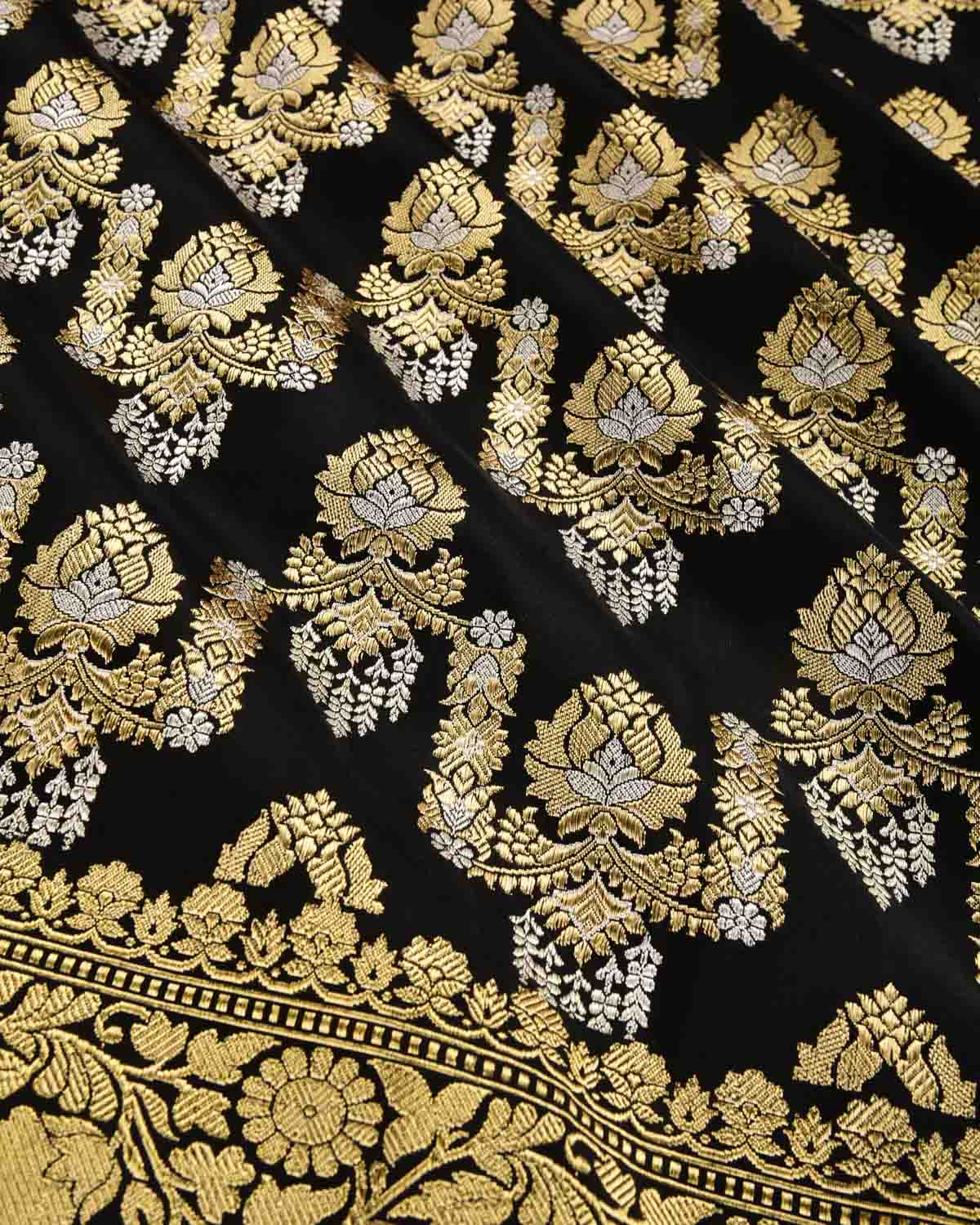 Black Banarasi Sona-Rupa Zari Jaal Kadhuan Brocade Handwoven Katan Silk Saree - By HolyWeaves, Benares