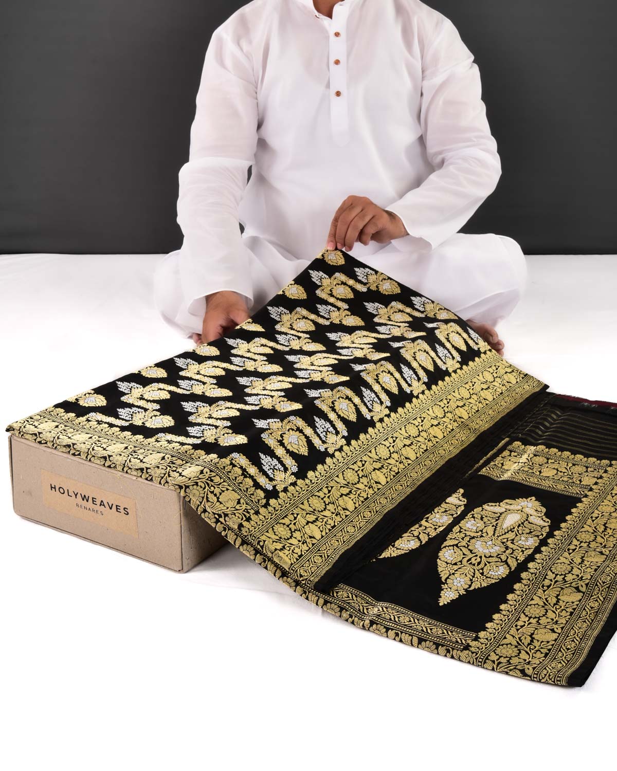 Black Banarasi Sona-Rupa Zari Jaal Kadhuan Brocade Handwoven Katan Silk Saree - By HolyWeaves, Benares