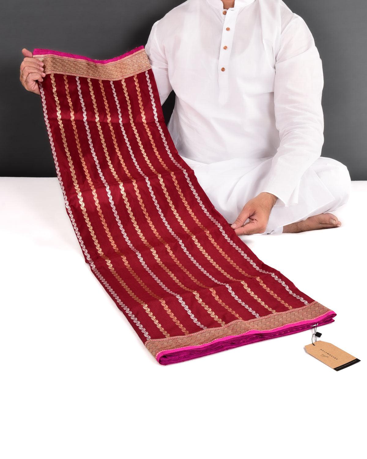 Maroon Banarasi Gold Silver Antique Zari Herringbone Stripes Kadhuan Brocade Handwoven Katan Silk Saree - By HolyWeaves, Benares