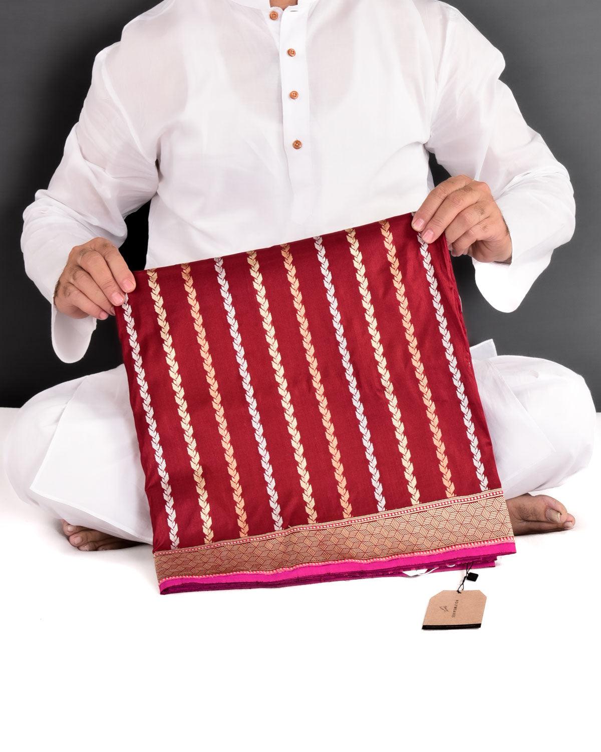 Maroon Banarasi Gold Silver Antique Zari Herringbone Stripes Kadhuan Brocade Handwoven Katan Silk Saree - By HolyWeaves, Benares