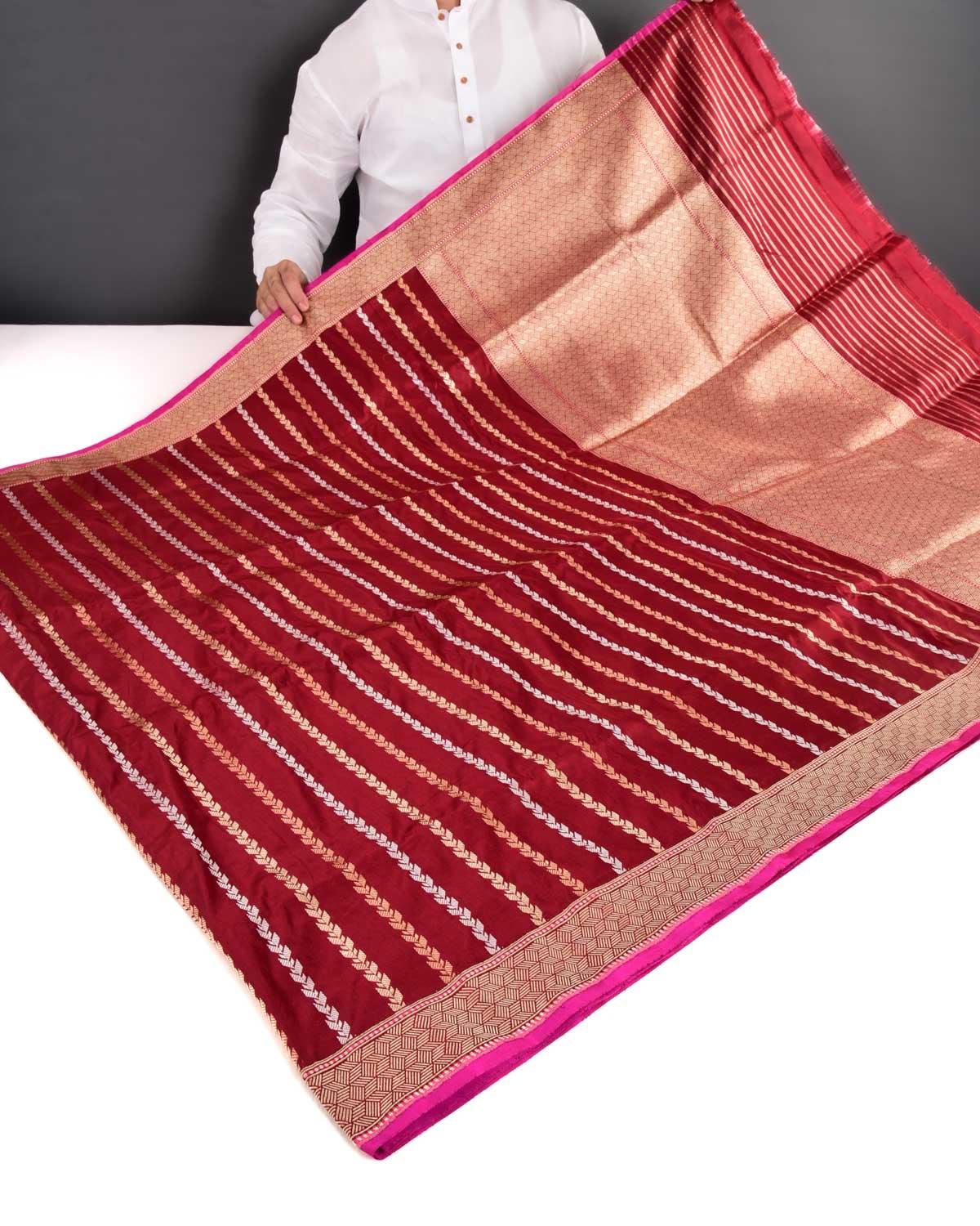 Maroon Banarasi Gold Silver Antique Zari Herringbone Stripes Kadhuan Brocade Handwoven Katan Silk Saree - By HolyWeaves, Benares