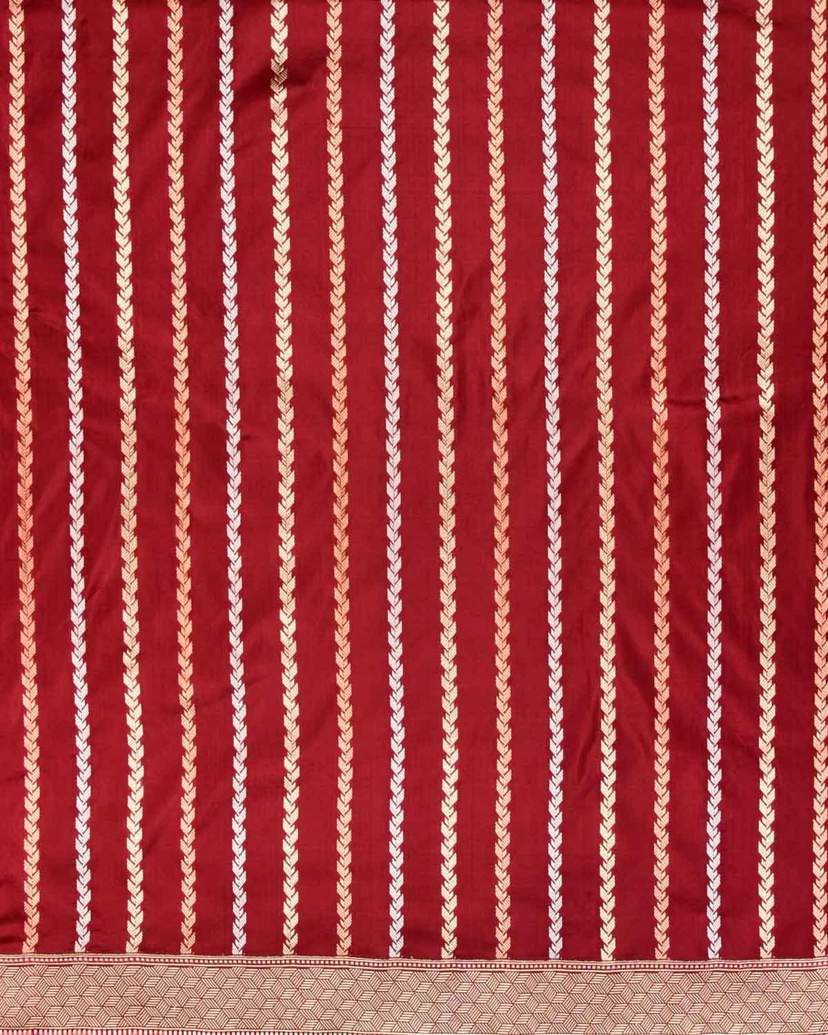 Maroon Banarasi Gold Silver Antique Zari Herringbone Stripes Kadhuan Brocade Handwoven Katan Silk Saree - By HolyWeaves, Benares