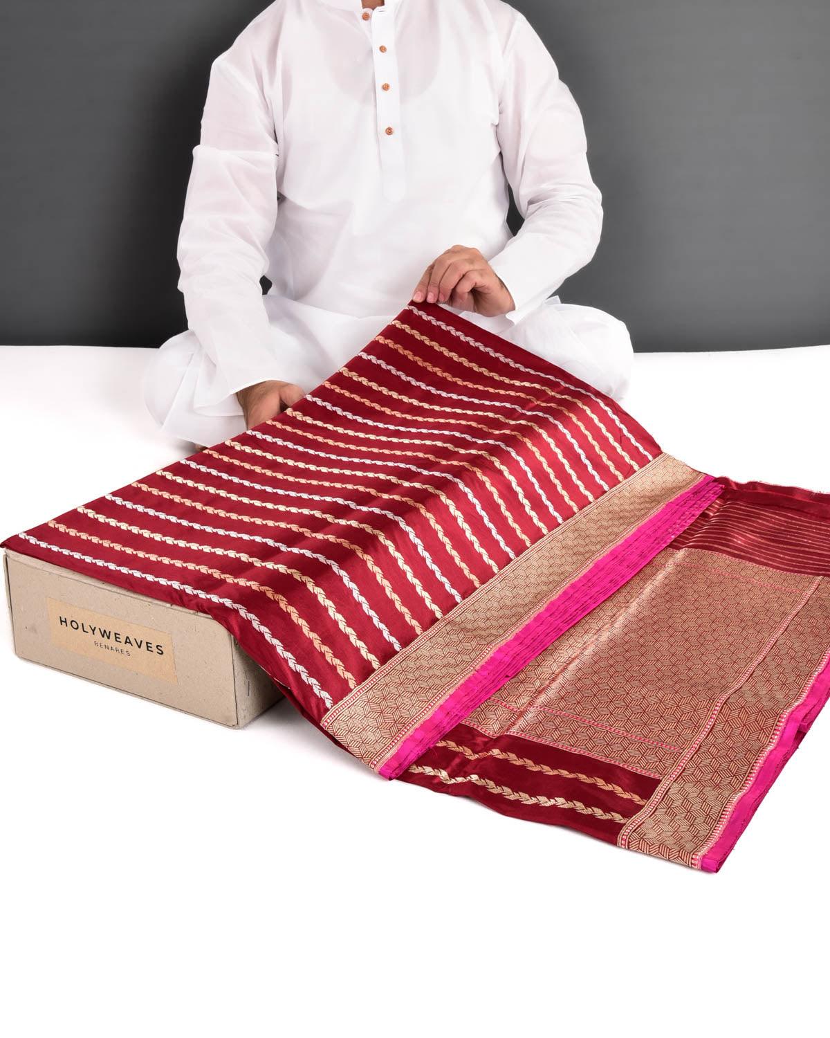 Maroon Banarasi Gold Silver Antique Zari Herringbone Stripes Kadhuan Brocade Handwoven Katan Silk Saree - By HolyWeaves, Benares