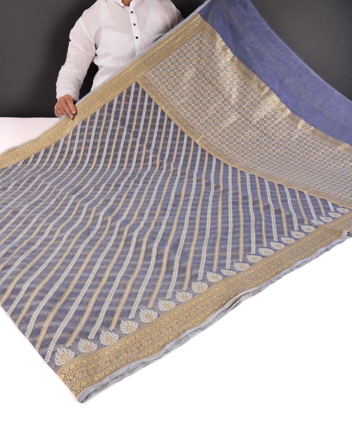 Gray Banarasi Gold Zari & White Diagonal Bel Cutwork Brocade Woven Art Cotton Silk Saree - By HolyWeaves, Benares