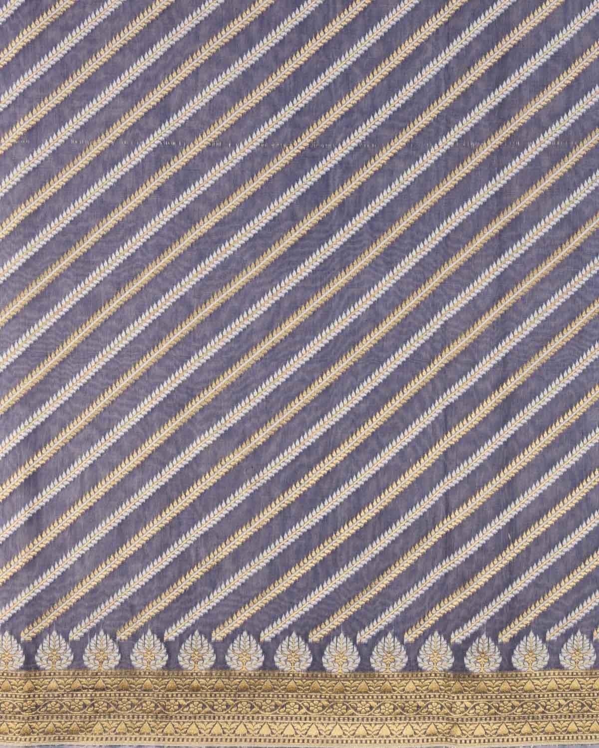 Gray Banarasi Gold Zari & White Diagonal Bel Cutwork Brocade Woven Art Cotton Silk Saree - By HolyWeaves, Benares