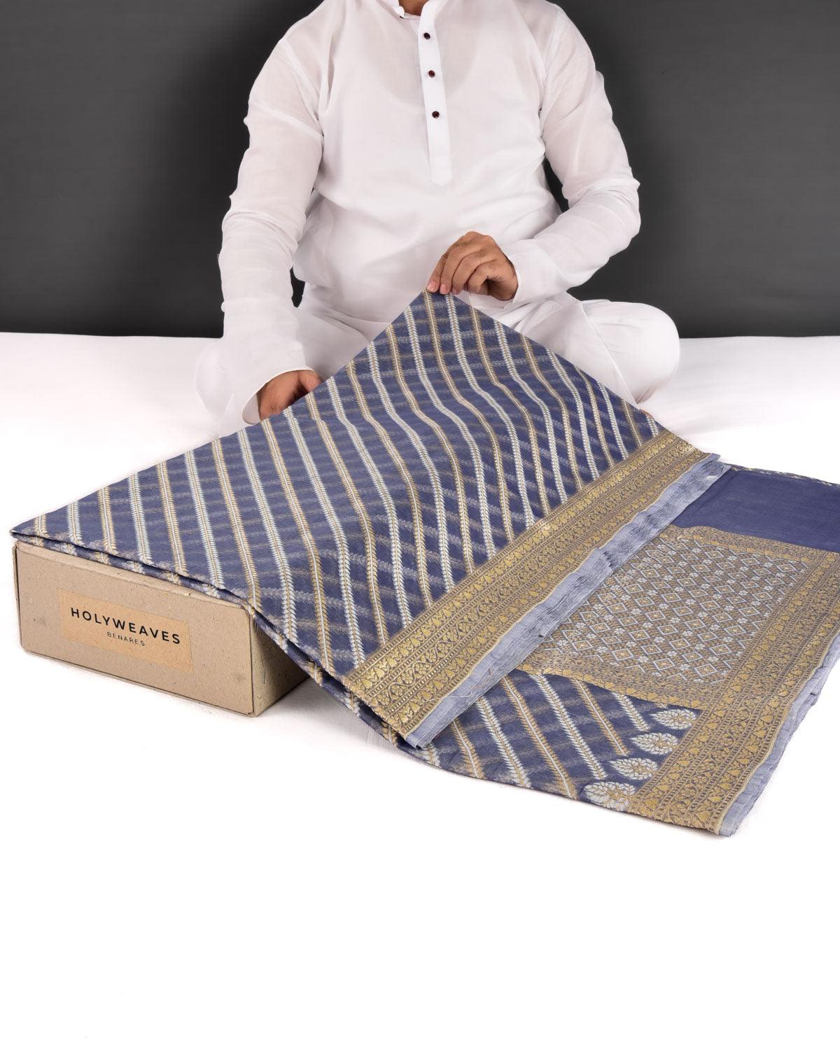 Gray Banarasi Gold Zari & White Diagonal Bel Cutwork Brocade Woven Art Cotton Silk Saree - By HolyWeaves, Benares