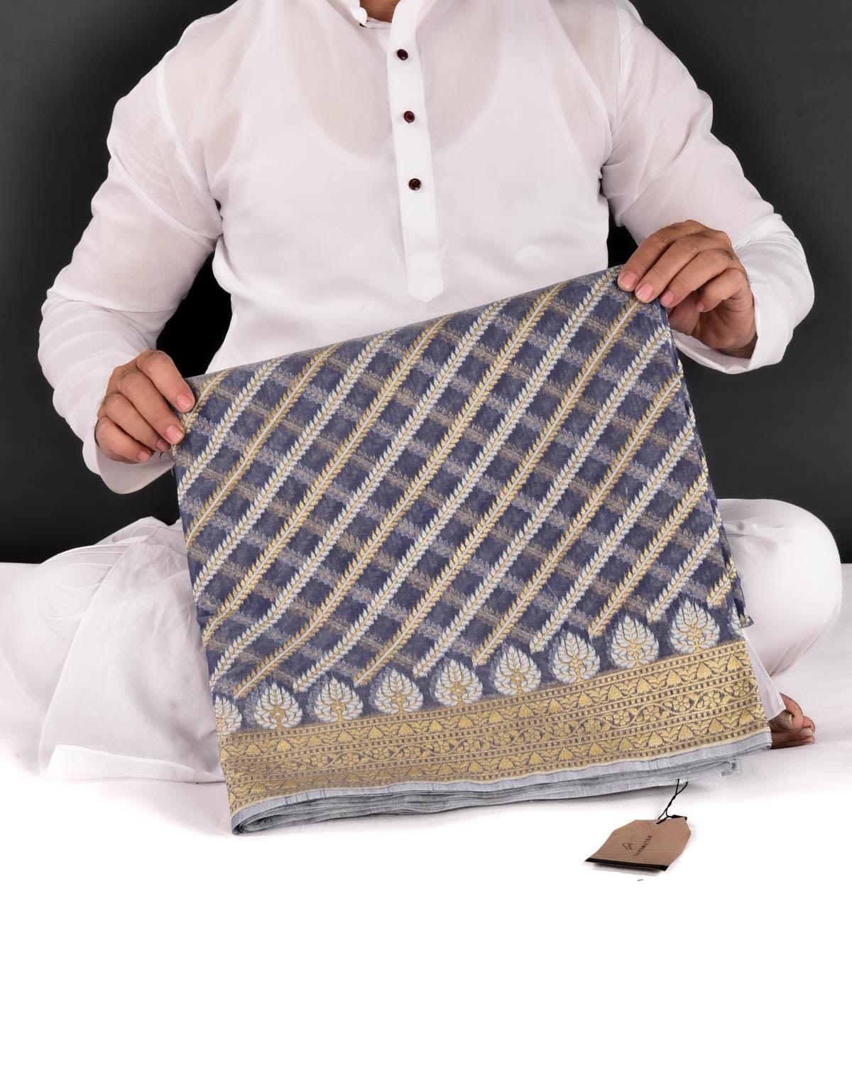 Gray Banarasi Gold Zari & White Diagonal Bel Cutwork Brocade Woven Art Cotton Silk Saree - By HolyWeaves, Benares