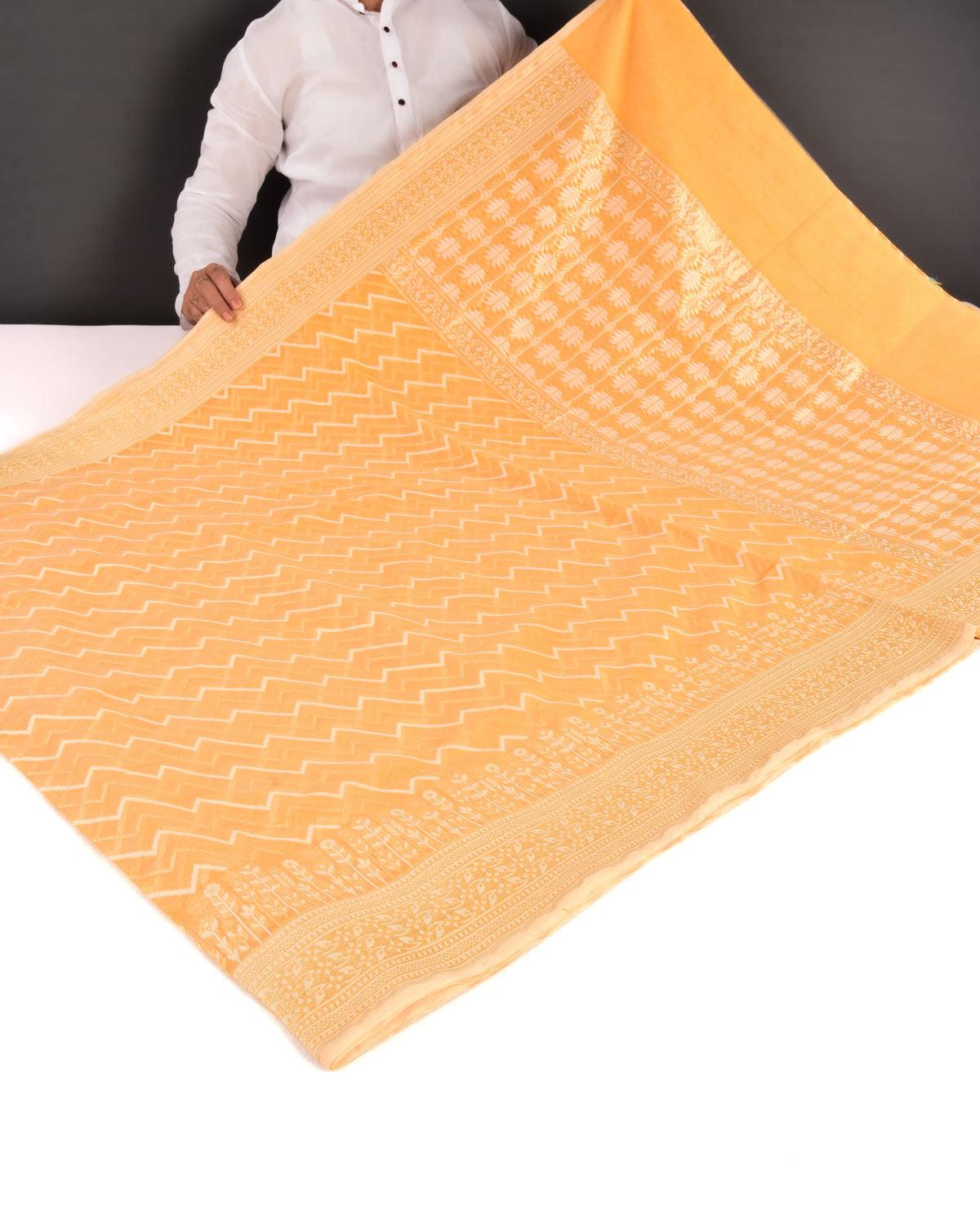 Orange Banarasi Gold Zari & White Resham Serrated Hills Cutwork Brocade Woven Art Cotton Silk Saree - By HolyWeaves, Benares